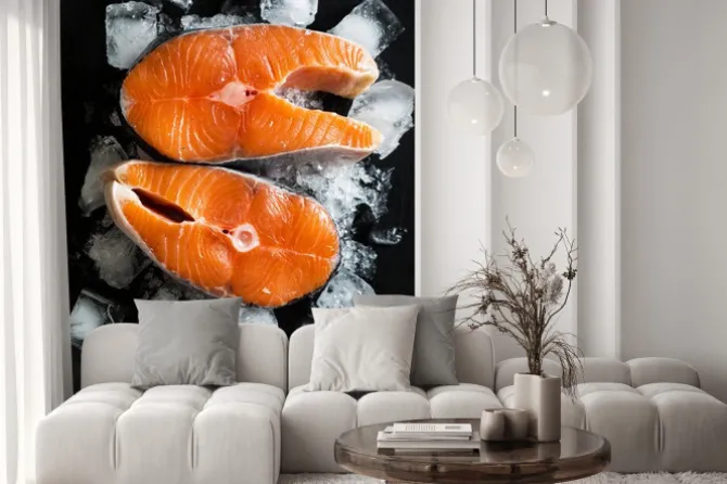 Naklejka: Świeże kawałki łososia na lodzie