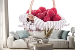 Naklejka: Świeże maliny w koszu