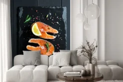 Naklejka: Świeże plastry łososia z cytryną i przyprawami