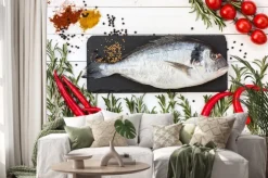 Naklejka: Świeże ryby dorado, rozmaryn, pomidory koktajlowe, chłodny pieprz