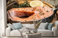 Naklejka: Świeżego surowego łososia na desce do krojenia