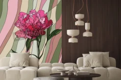 Naklejka: Wielobarwny witraż z motywem kwiatowym, piwonia na wielokolorowym