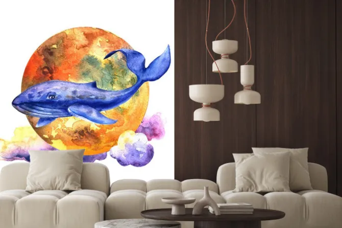 Naklejka: Wieloryb na tle księżyca akwarela