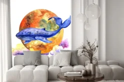 Naklejka: Wieloryb na tle księżyca akwarela