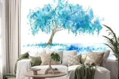 Naklejka: Wierzba płacząca nad jeziorem. blue tree. akwarele ręcznie rysowane