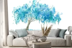 Naklejka: Wierzba płacząca nad jeziorem. blue tree. akwarele ręcznie rysowane