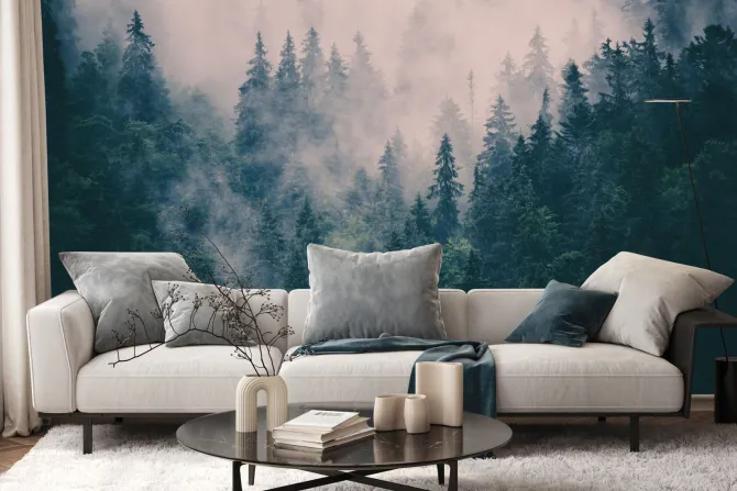 Naklejka: Wierzchołki drzew tonące we mgle