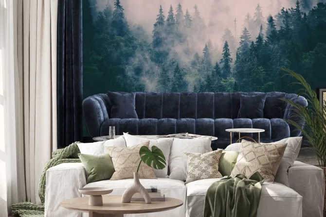 Naklejka: Wierzchołki drzew tonące we mgle