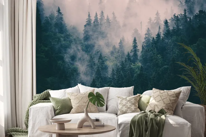 Naklejka: Wierzchołki drzew tonące we mgle