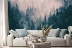 Naklejka: Wierzchołki drzew tonące we mgle