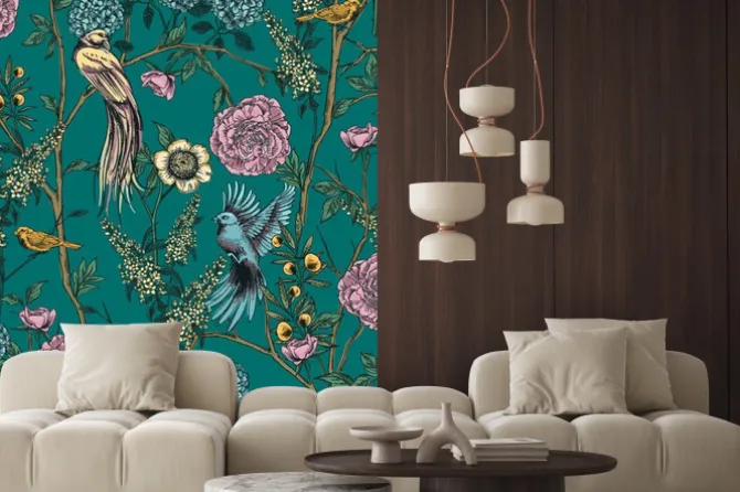 Naklejka: Wiktoriański ogród z kwiatami i ptakami