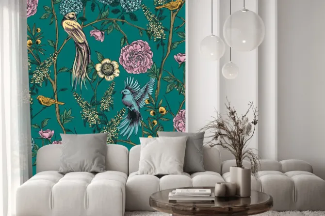 Naklejka: Wiktoriański ogród z kwiatami i ptakami