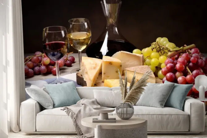 Naklejka: Wino, winogrona i ser
