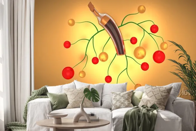 Naklejka: Winogrona na butelkę wina, tło z sercem