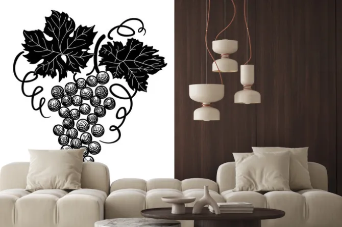 Naklejka: Winogrona z liśćmi na gałęzi na białym tle.