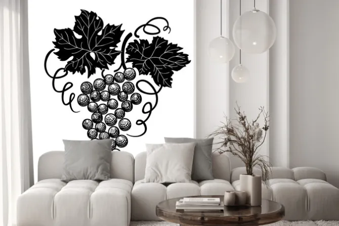 Naklejka: Winogrona z liśćmi na gałęzi na białym tle.