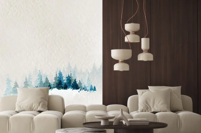 Naklejka: Winter landscape with fir forest and deer