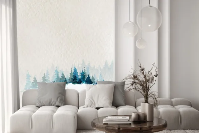 Naklejka: Winter landscape with fir forest and deer