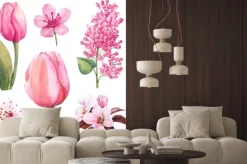 Naklejka: Wiosenny kwiat akwarela z tulipanem i bzem