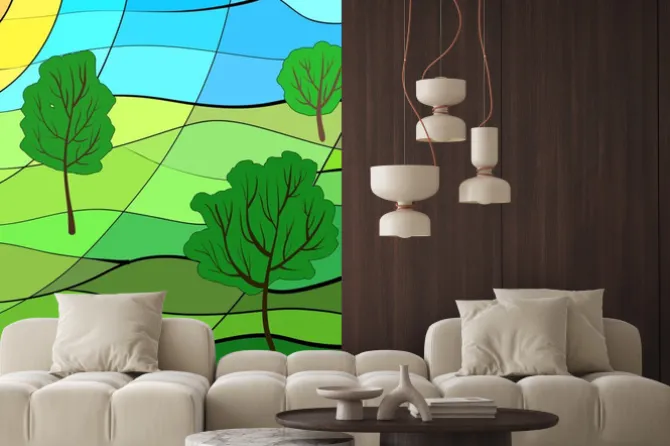 Naklejka: Witraż z drzewami i łąką