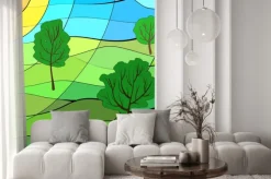 Naklejka: Witraż z drzewami i łąką