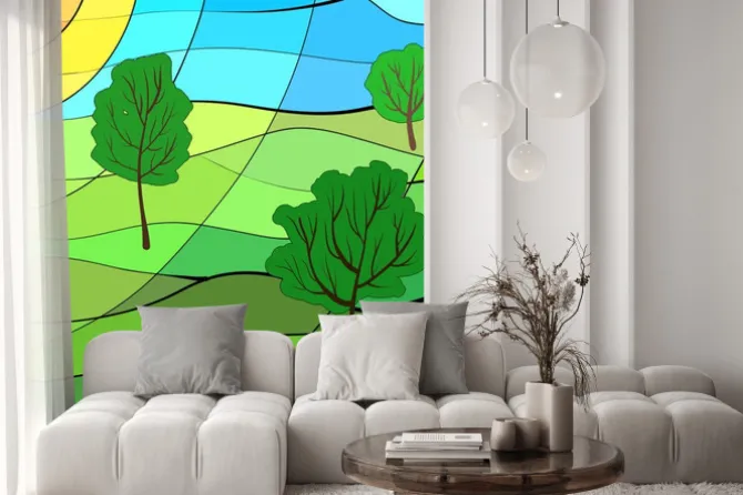 Naklejka: Witraż z drzewami i łąką