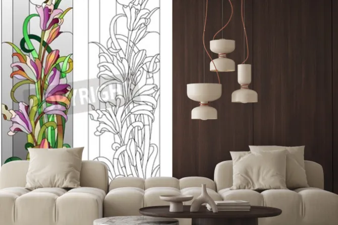 Naklejka: Witraż z fioletowym wzorem kwiatowym