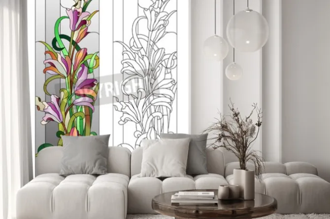 Naklejka: Witraż z fioletowym wzorem kwiatowym