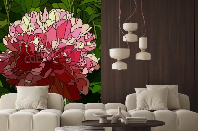 Naklejka: Witraż z jasnoróżową piwonią