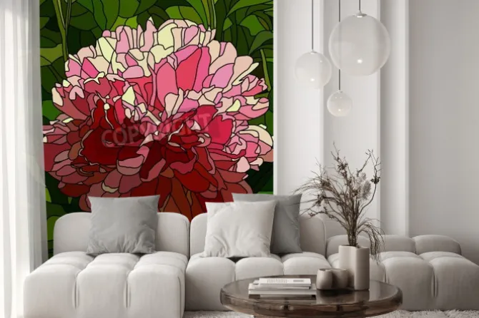 Naklejka: Witraż z jasnoróżową piwonią