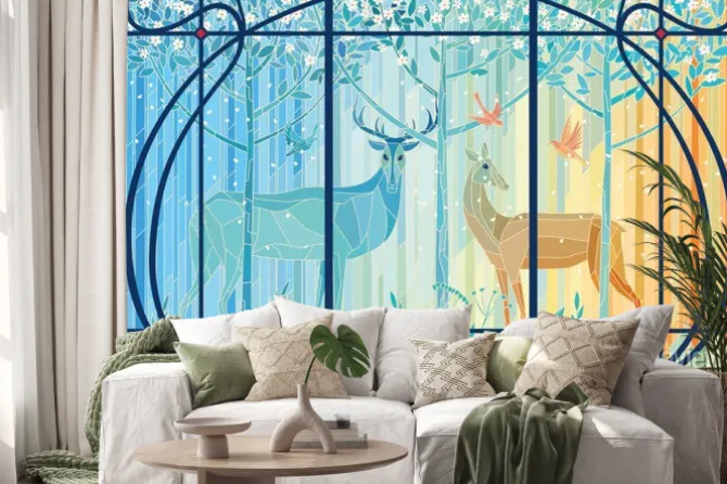 Naklejka: Witraż z jeleniami w stylu art nouveau
