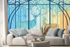 Naklejka: Witraż z jeleniami w stylu art nouveau