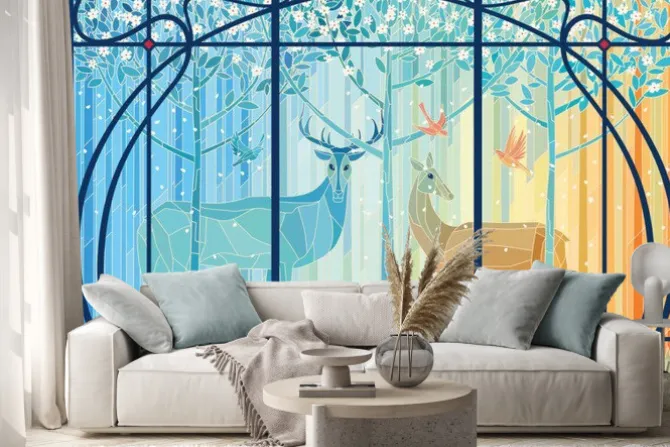 Naklejka: Witraż z jeleniami w stylu art nouveau