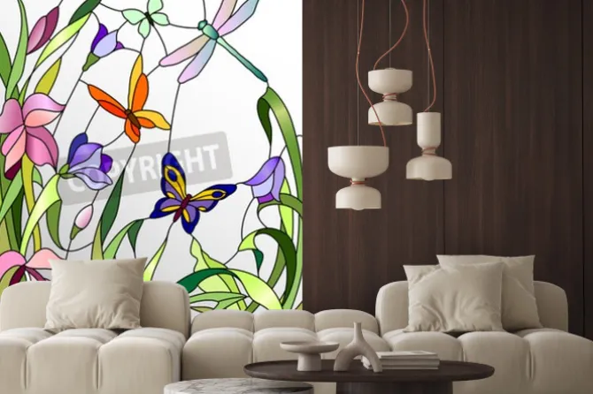 Naklejka: Witraż z kwiatów i motyli