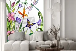 Naklejka: Witraż z kwiatów i motyli