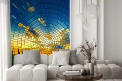 Naklejka: Witraż z panoramą łąki i słońca