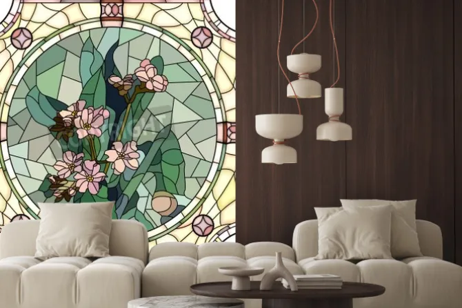 Naklejka: Witraż z różowymi kwiatami i zielonymi liśćmi