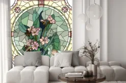 Naklejka: Witraż z różowymi kwiatami i zielonymi liśćmi