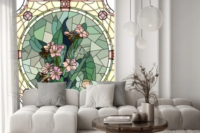 Naklejka: Witraż z różowymi kwiatami i zielonymi liśćmi