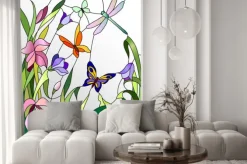 Naklejka: Witrażowe motyle i kwiaty na jasnym tle