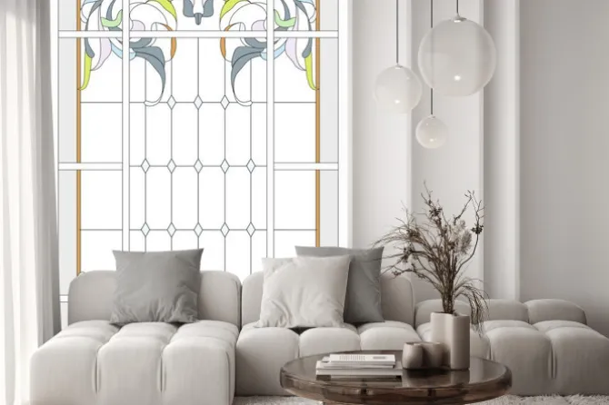 Naklejka: Witrażowe w prostokątnej ramie, streszczenie kwiatowy rozmieszczenie