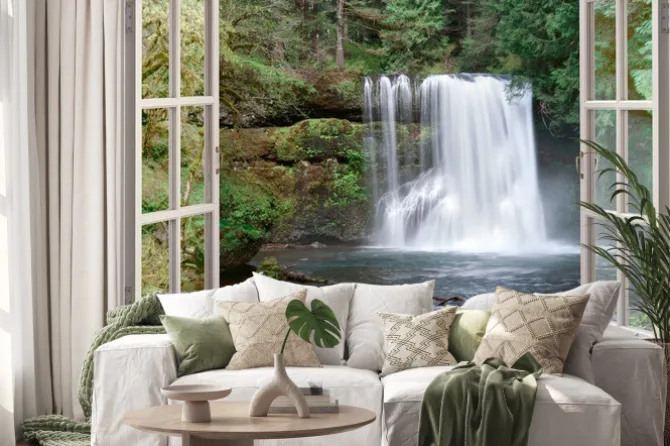 Naklejka: Wodospad w lesie widziany w widoku z okna