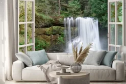 Naklejka: Wodospad w lesie widziany w widoku z okna