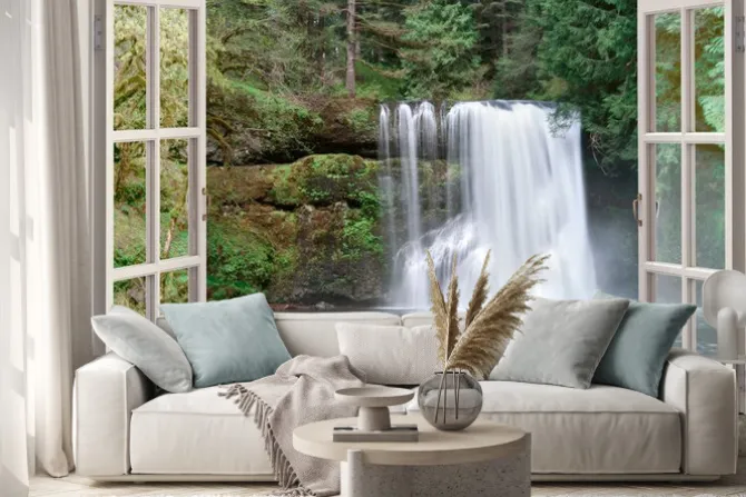 Naklejka: Wodospad w lesie widziany w widoku z okna