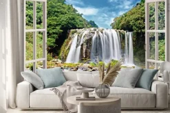 Naklejka: Wodospad w tropikalnym lesie widok z okna