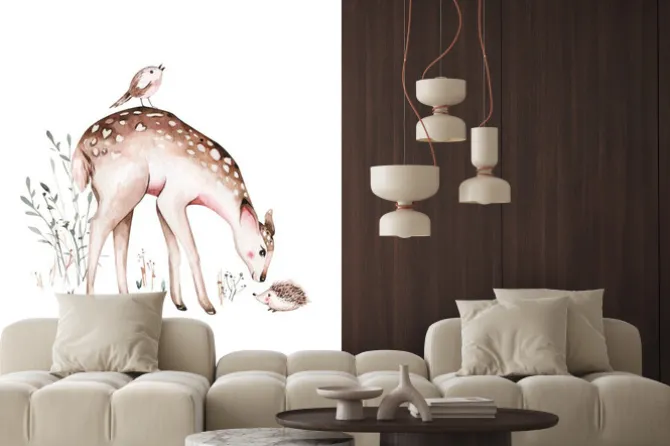 Naklejka: Woodland watercolor cute animals baby deer. scandinavian cartoon