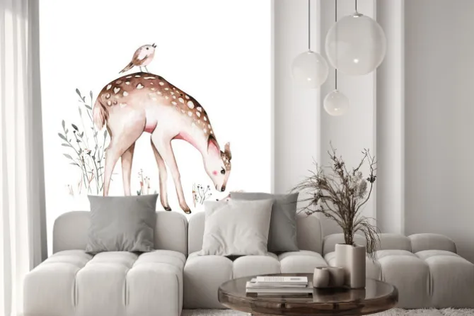 Naklejka: Woodland watercolor cute animals baby deer. scandinavian cartoon