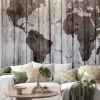 Naklejka: World map drawn on canvas wood effect
