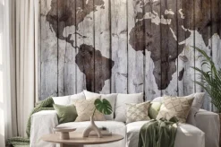 Naklejka: World map drawn on canvas wood effect