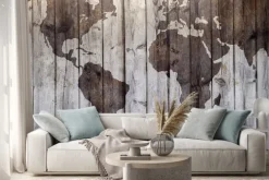 Naklejka: World map drawn on canvas wood effect